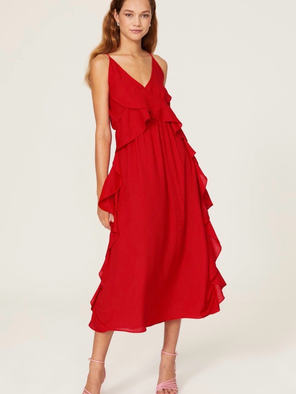 Area Stars Red Ruffle V-Neck Midi Dress with Thin Straps